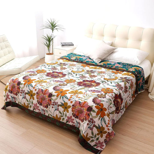 Boho Cotton Throw Blanket – Reversible Floral Farmhouse Quilt in Flower Jungle Design - Loom & Bloom