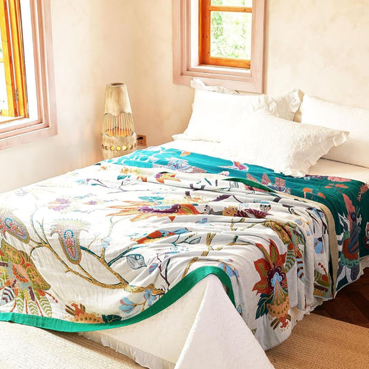 Boho Cotton Throw Blanket – Reversible Floral Farmhouse Quilt in Flower Design A - Loom & Bloom