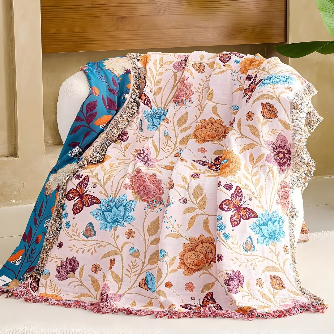 Boho Cotton Throw Blanket – Reversible Floral Farmhouse Quilt in Floral Design H - Loom & Bloom