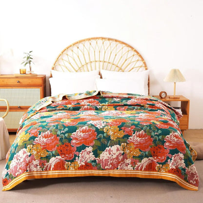 Boho Cotton Throw Blanket – Reversible Floral Farmhouse Quilt in Flower Rose Design - Loom & Bloom