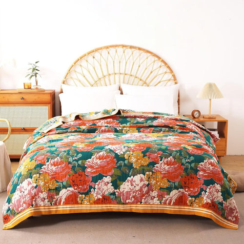 Boho Cotton Throw Blanket – Reversible Floral Farmhouse Quilt in Flower Rose Design - Loom & Bloom