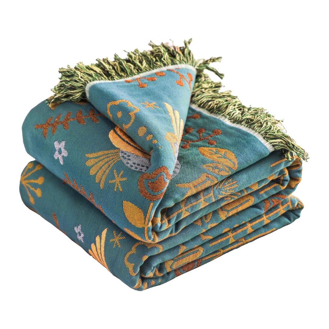 Boho Cotton Throw Blanket – Reversible Floral Farmhouse Quilt in Teal/Beige