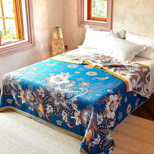 Boho Cotton Throw Blanket – Reversible Floral Farmhouse Quilt in Flower Design - Loom & Bloom