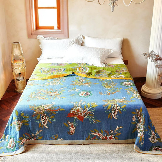 Floral Boho Throw Blanket – 100% Cotton, Ultra-Soft Breathable Quilt for Sofa & Bed, Green/Blue Design
