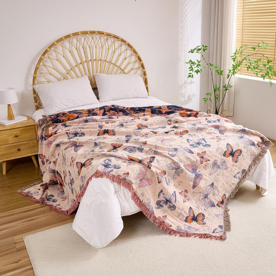 Boho Cotton Throw Blanket – Reversible Floral Farmhouse Quilt in Floral Design G - Loom & Bloom