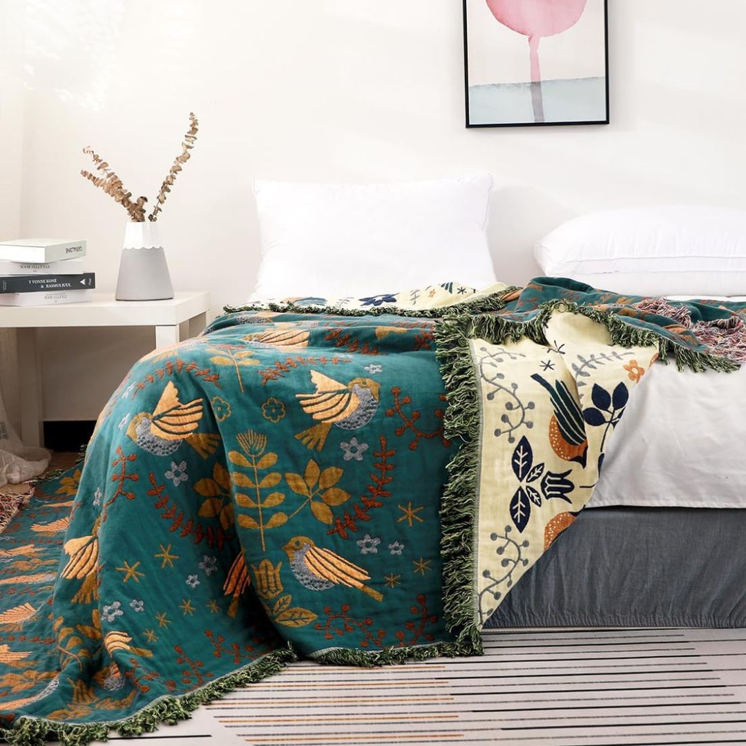Boho Cotton Throw Blanket – Reversible Floral Farmhouse Quilt in Teal/Beige