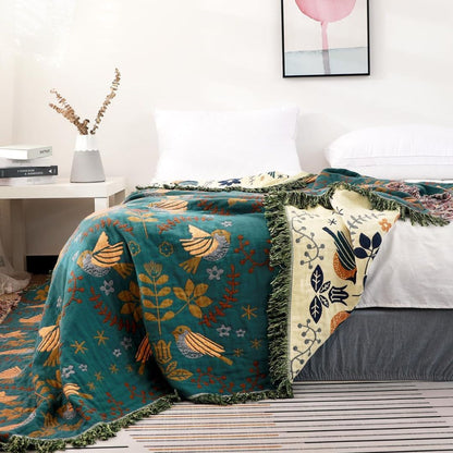 Boho Cotton Throw Blanket – Reversible Floral Farmhouse Quilt in Teal/Beige