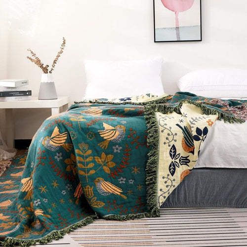 Boho Cotton Throw Blanket – Reversible Floral Farmhouse Quilt in Teal/Beige