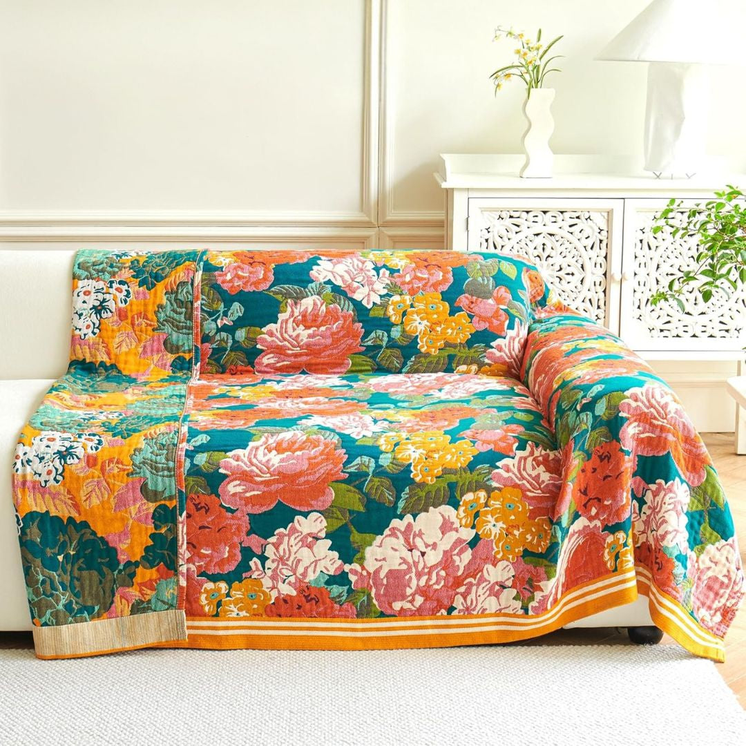 Boho Cotton Throw Blanket – Reversible Floral Farmhouse Quilt in Flower Rose Design - Loom & Bloom
