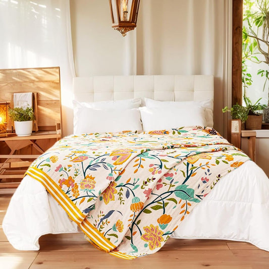 Reversible Boho Cotton Throw Blanket for Sofa & Bed, Colorful Flower Design