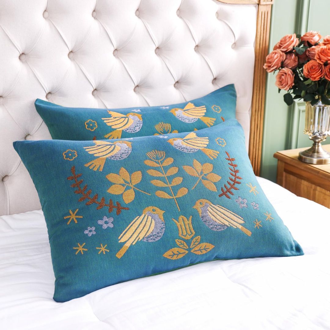 Organic Cotton Pillowcases 20x30 Boho Floral Bird Set of 2