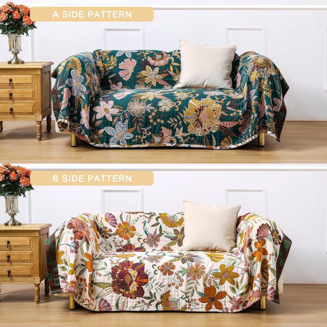 Boho Cotton Throw Blanket – Reversible Floral Farmhouse Quilt in Flower Jungle Design - Loom & Bloom