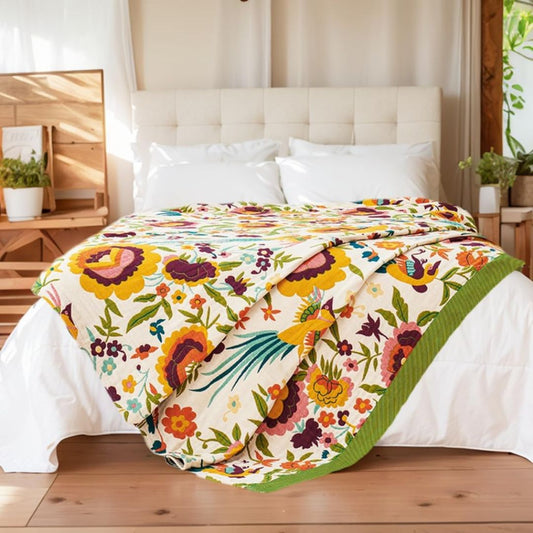 Boho Cotton Throw Blanket – Reversible Floral Farmhouse Quilt in Flower Phoenix Design - Loom & Bloom