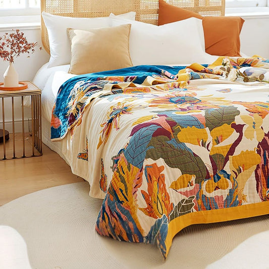 Boho Cotton Throw Blanket – Reversible Floral Farmhouse Quilt in Flower Butterfly Design - Loom & Bloom