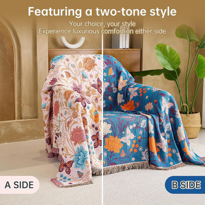 Boho Cotton Throw Blanket – Reversible Floral Farmhouse Quilt in Floral Design H - Loom & Bloom