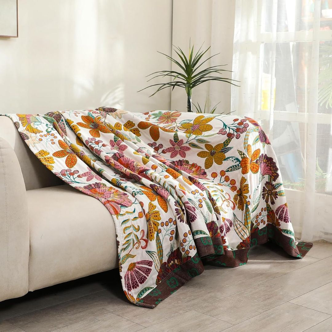 Boho Cotton Throw Blanket – Reversible Floral Farmhouse Quilt in Flower Jungle Design - Loom & Bloom