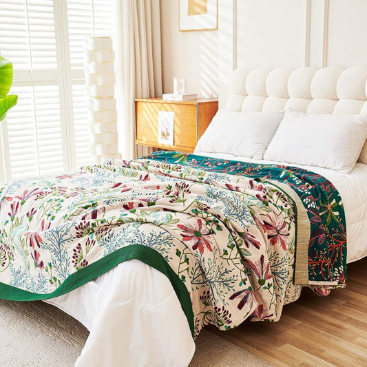 Boho Cotton Throw Blanket – Reversible Floral Farmhouse Quilt in Flower Green Design - Loom & Bloom