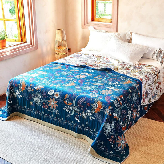 Floral Boho Farmhouse Cotton Throw – Reversible Blanket for Bed & Sofa (Design C)