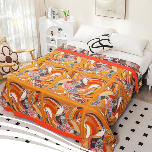 Reversible Boho Cotton Throw Blanket for Sofa & Bed, Oriole Bird Design