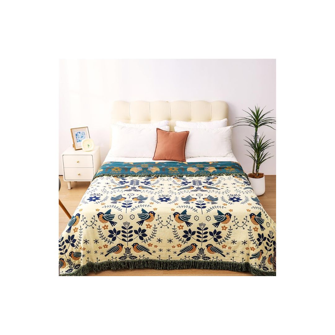 Boho Cotton Throw Blanket – Reversible Floral Farmhouse Quilt in Teal/Beige