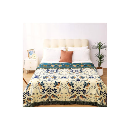 Boho Cotton Throw Blanket – Reversible Floral Farmhouse Quilt in Teal/Beige