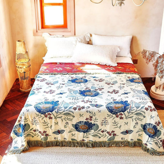 Boho Cotton Throw Blanket – Reversible Floral Farmhouse Quilt in Butterfly Design - Loom & Bloom
