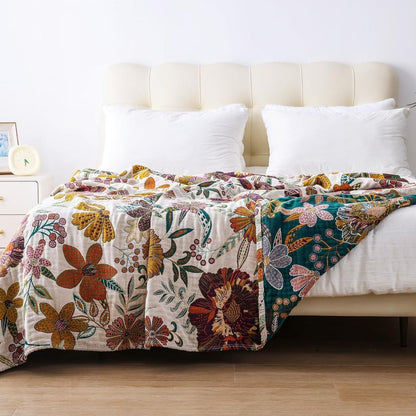 Boho Cotton Throw Blanket – Reversible Floral Farmhouse Quilt in Flower Jungle Design - Loom & Bloom