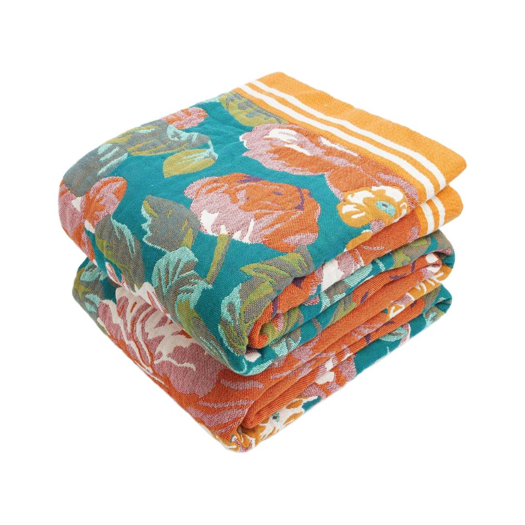Boho Cotton Throw Blanket – Reversible Floral Farmhouse Quilt in Flower Rose Design - Loom & Bloom