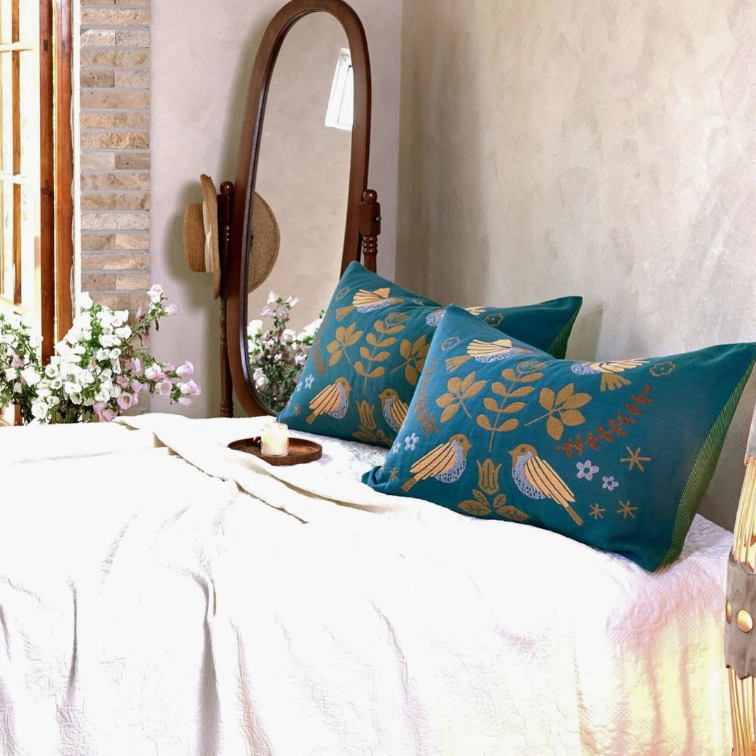 Organic Cotton Pillowcases 20x30 Boho Floral Bird Set of 2