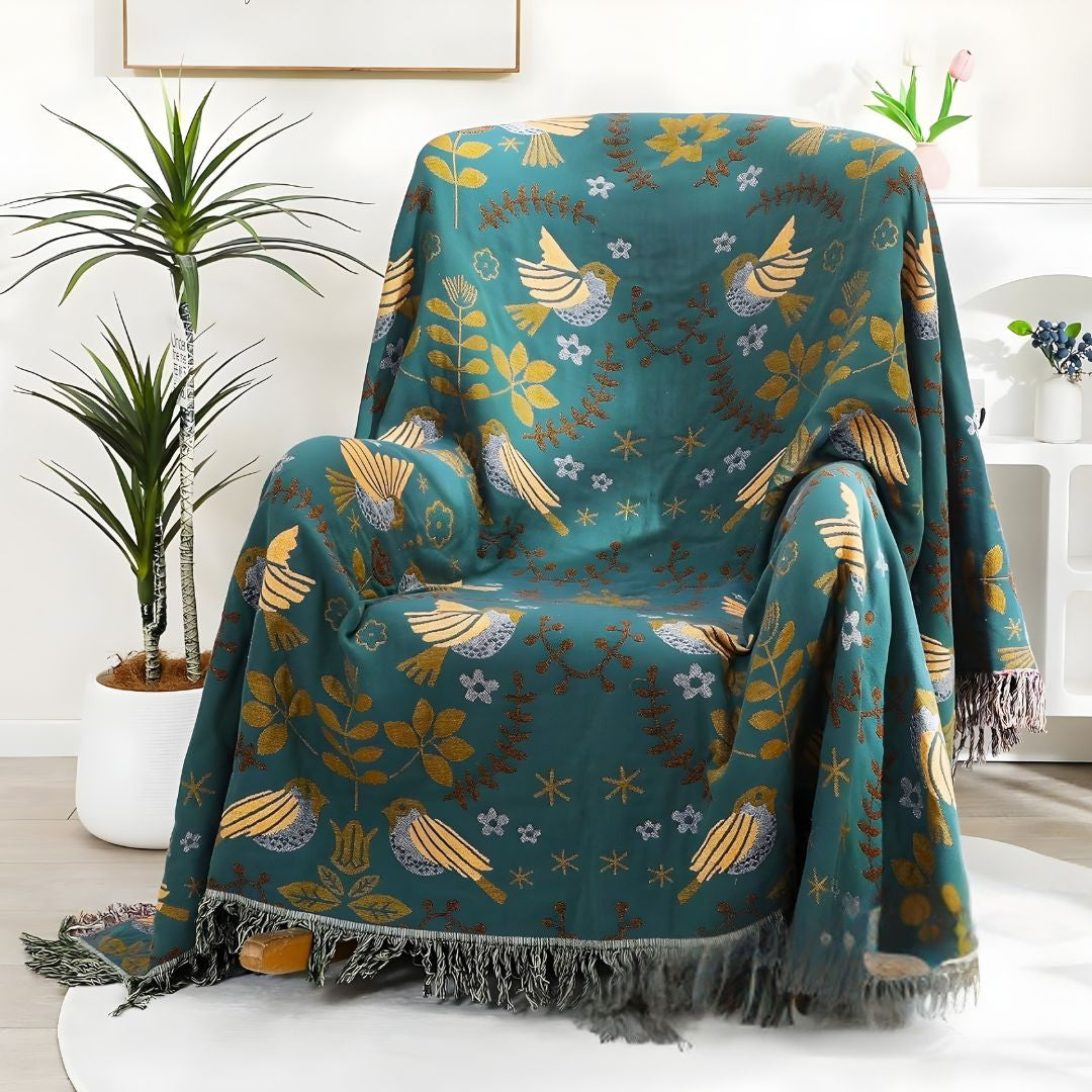 Boho Cotton Throw Blanket – Reversible Floral Farmhouse Quilt in Teal/Beige