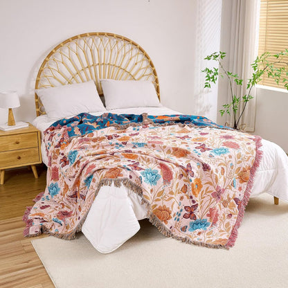 Boho Cotton Throw Blanket – Reversible Floral Farmhouse Quilt in Floral Design H - Loom & Bloom