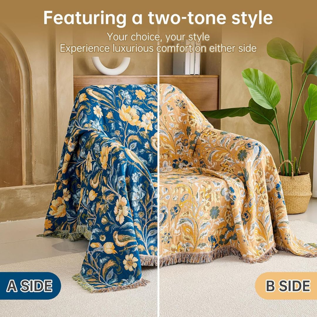 Boho Cotton Throw Blanket – Reversible Floral Farmhouse Quilt in Floral Design I - Loom & Bloom