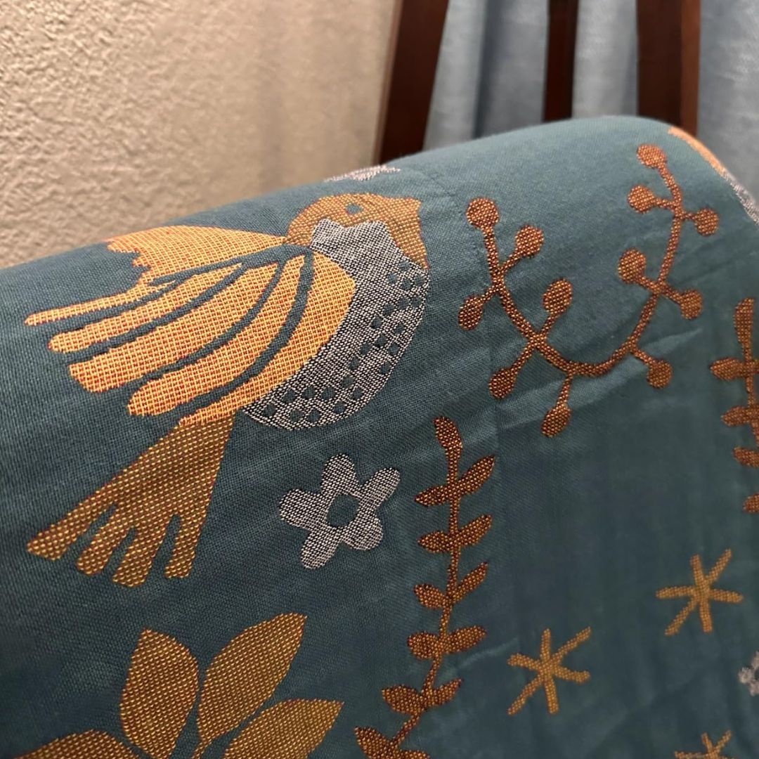 Boho Cotton Throw Blanket – Reversible Floral Farmhouse Quilt in Teal/Beige