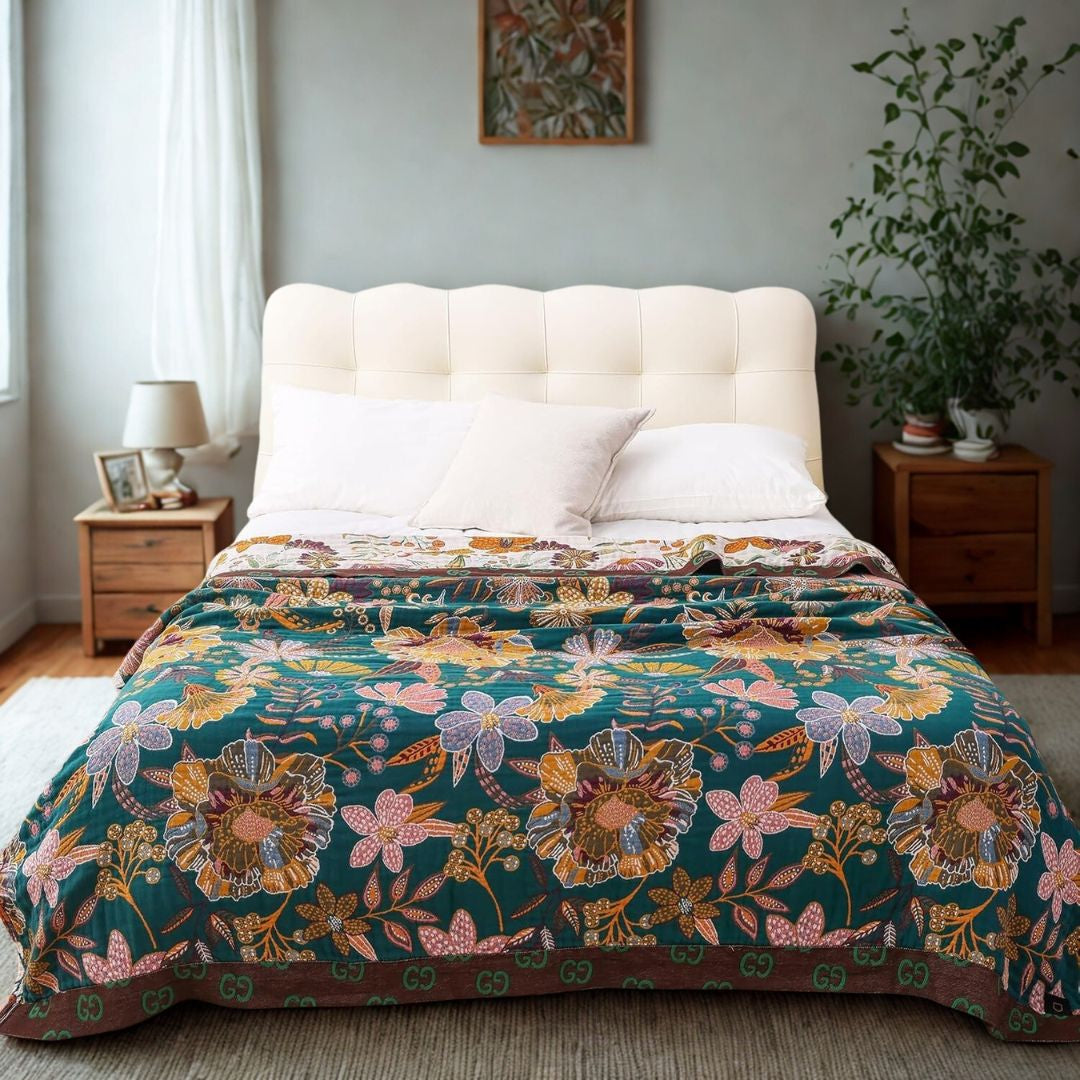 Boho Cotton Throw Blanket – Reversible Floral Farmhouse Quilt in Flower Jungle Design - Loom & Bloom