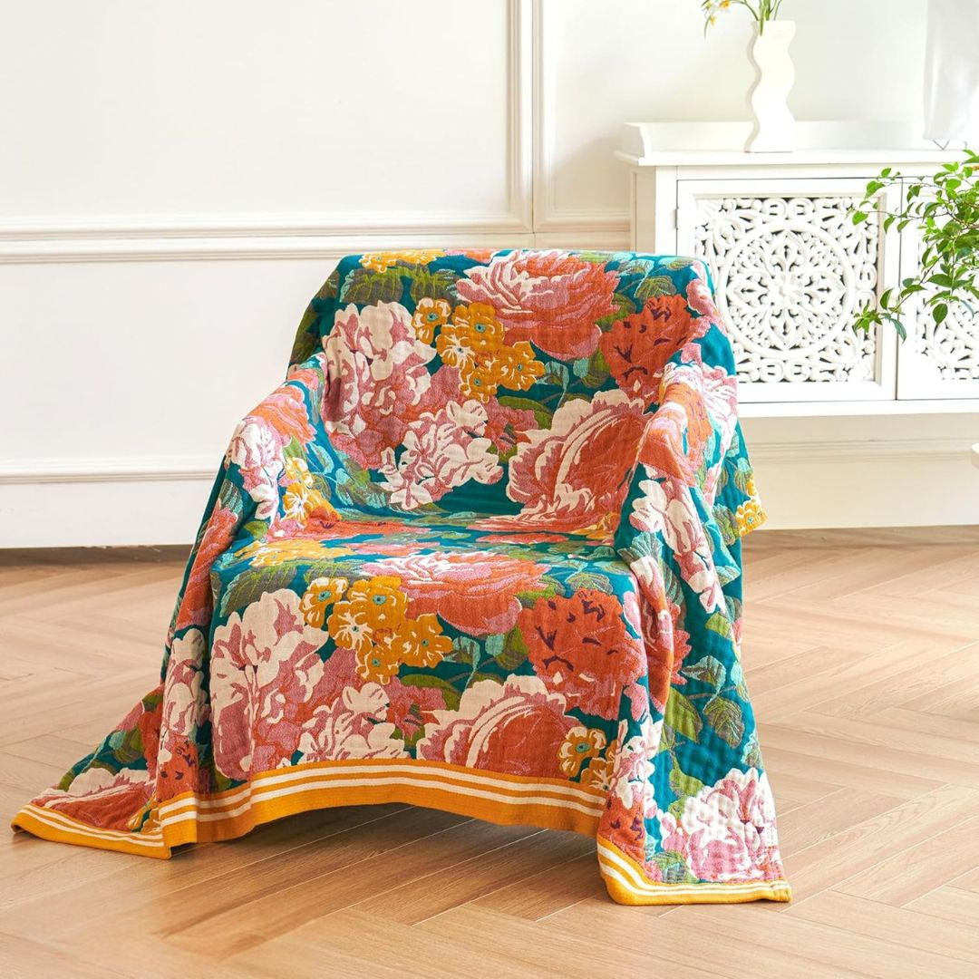 Boho Cotton Throw Blanket – Reversible Floral Farmhouse Quilt in Flower Rose Design - Loom & Bloom