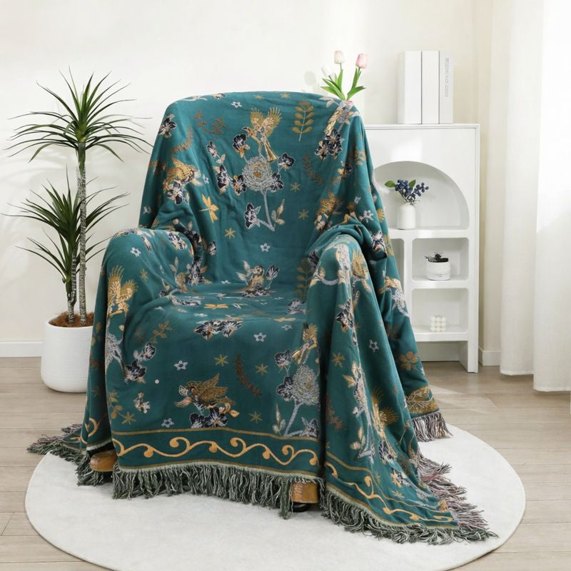 Reversible Nordic Rustic Ultra Soft Breathable Floral Bird Blanket for Bed Sofa Couch Chair Bedspread Quilt Gift-Teal/Green