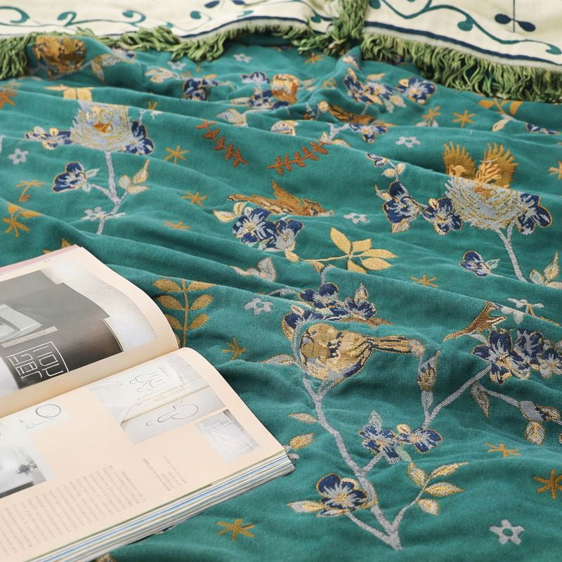 Reversible Nordic Rustic Ultra Soft Breathable Floral Bird Blanket for Bed Sofa Couch Chair Bedspread Quilt Gift-Teal/Green