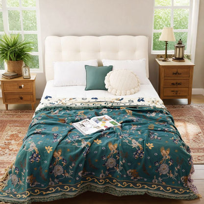 Reversible Nordic Rustic Ultra Soft Breathable Floral Bird Blanket for Bed Sofa Couch Chair Bedspread Quilt Gift-Teal/Green