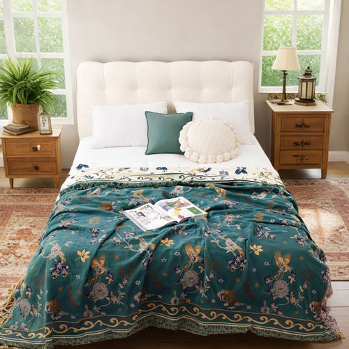 Reversible Nordic Rustic Ultra Soft Breathable Floral Bird Blanket for Bed Sofa Couch Chair Bedspread Quilt Gift-Teal/Green
