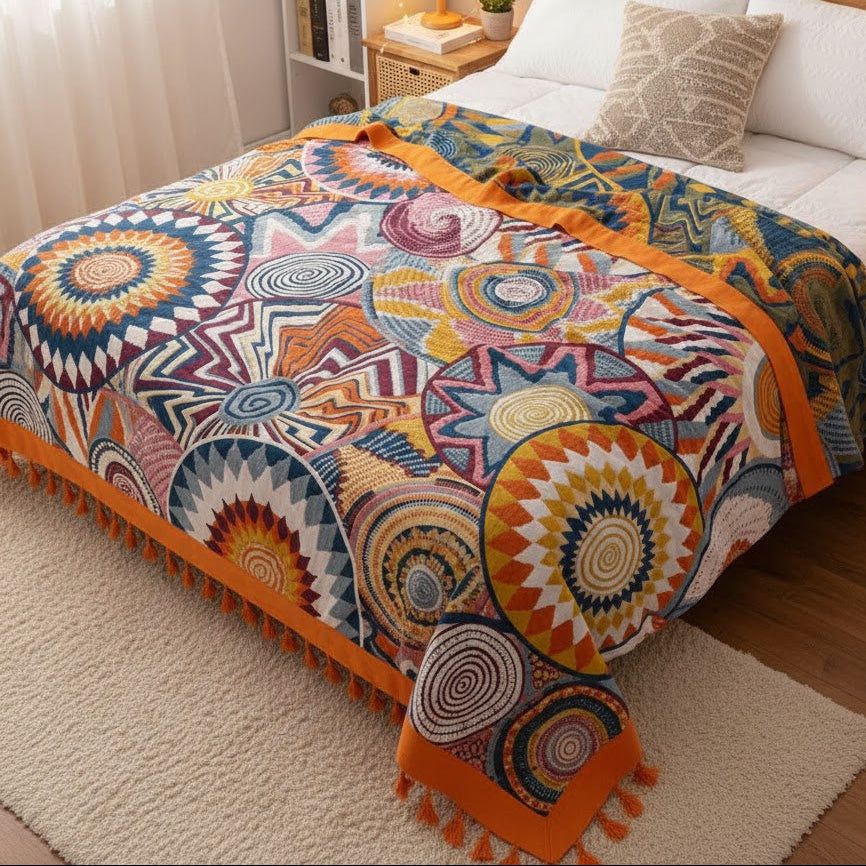 Boho Spring Throw Blanket for Bed Couch, 100% Bohemian Cotton
