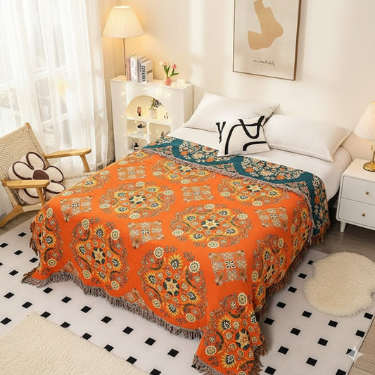 Boho Throw Blanket, 100% Cotton Muslin Breathable Soft Bed Throw - Floral Farmhouse Decor Blanket for Sofa Couch Chair and Gift.- Orange
